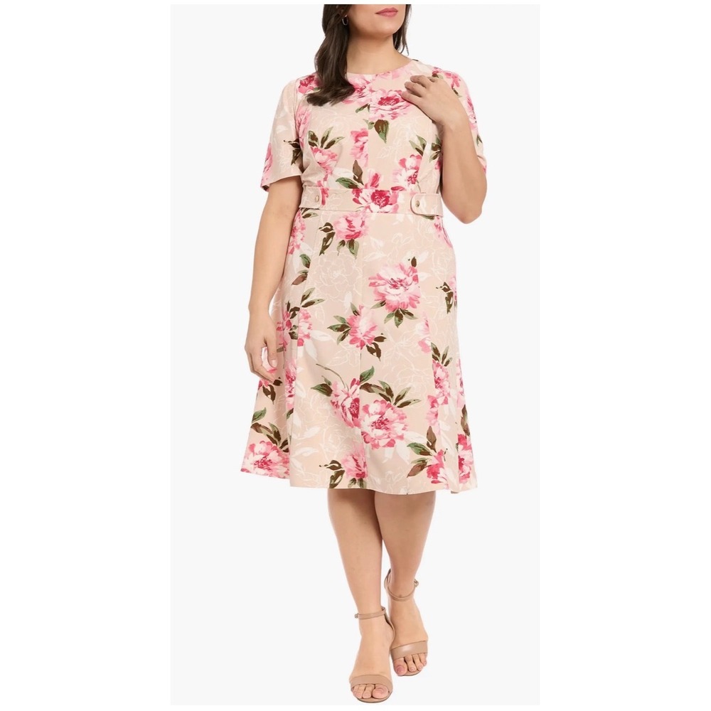 London Times Woman Pink Floral Rose Short Sleeve Midi Dress NWT Plus Size 16W